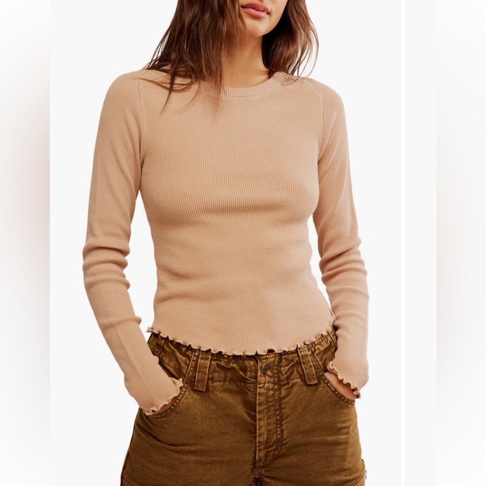 Free People Easy Does It Waffle Knit Long Sleeve in Cuban Sand NWT